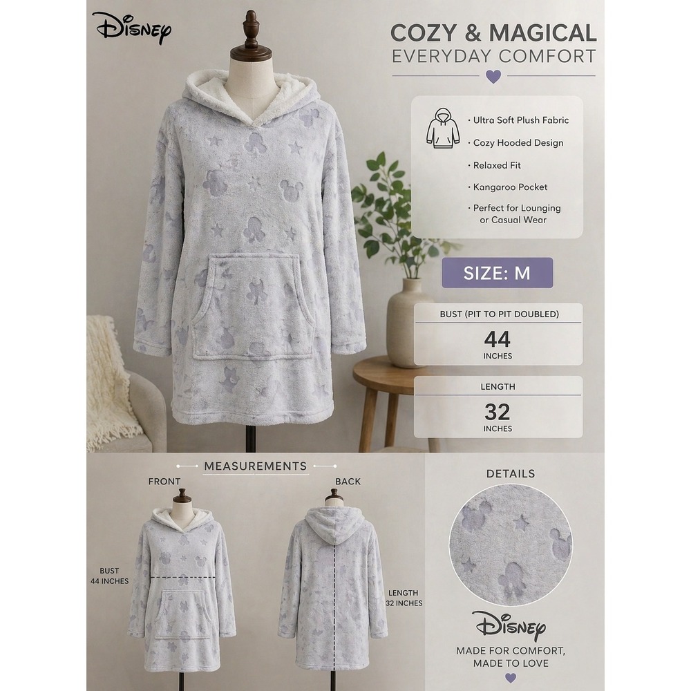 Disney Mickey Mouse Plush Hooded Lounger Lavender Grey Star Embossed Medium